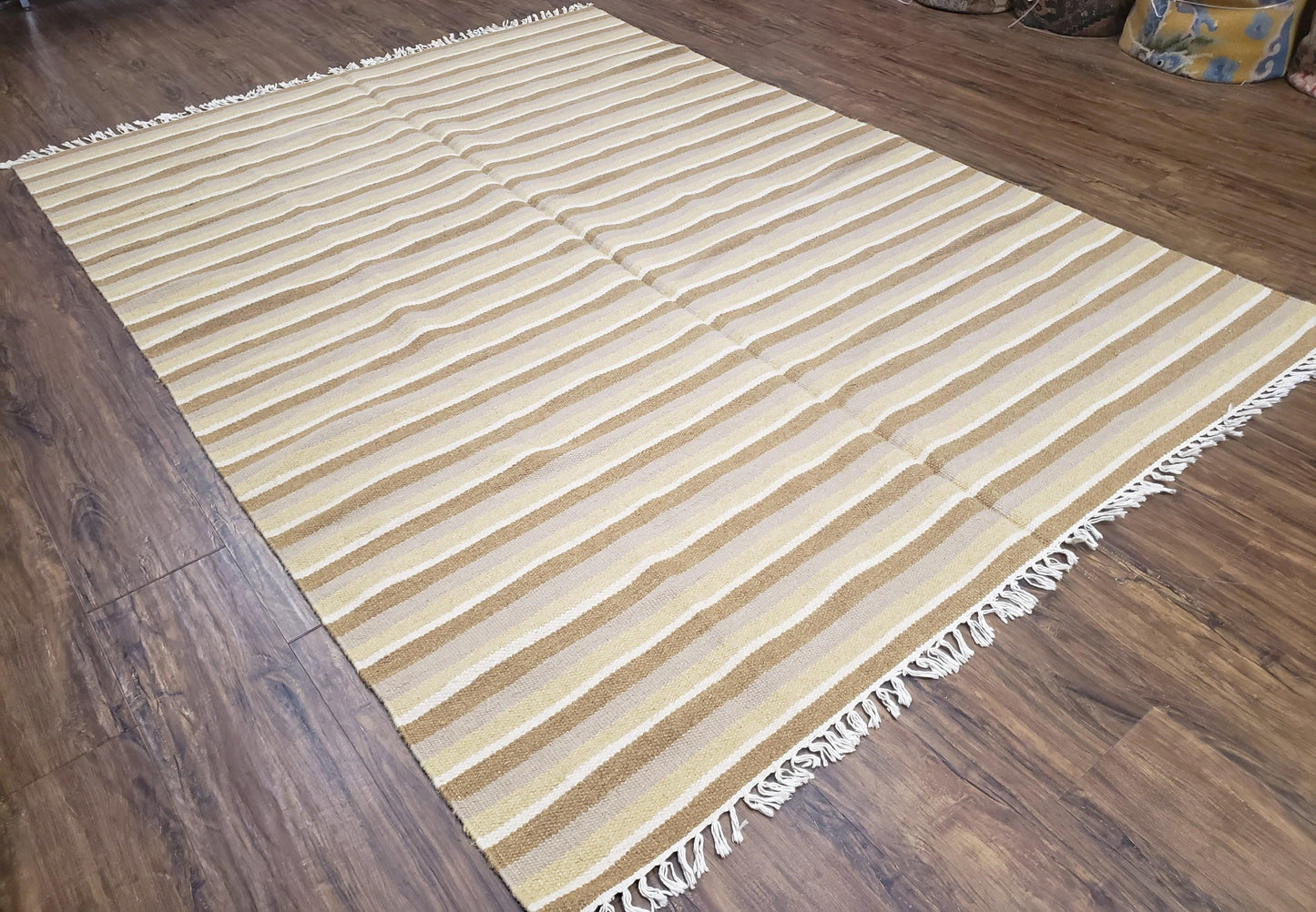 New Indian Striped Blanket, Multicolor Earthern Tones Kilim Rug, Wool Handmade South American Style Blanket, Queen Sized Bedspread 5x8 - 6x8