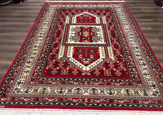 Wool Kazak Pattern Rug 7x10, Geometric Pakistani Hand Knotted Carpet, Large Medallion, Red Cream Dark Green, Room Sized Vintage Oriental Rug