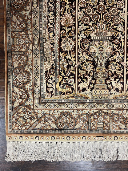 Turkish Hereke Silk Rug 2x3 Floral Vase Tree Of Life Birds Vintage Carpet