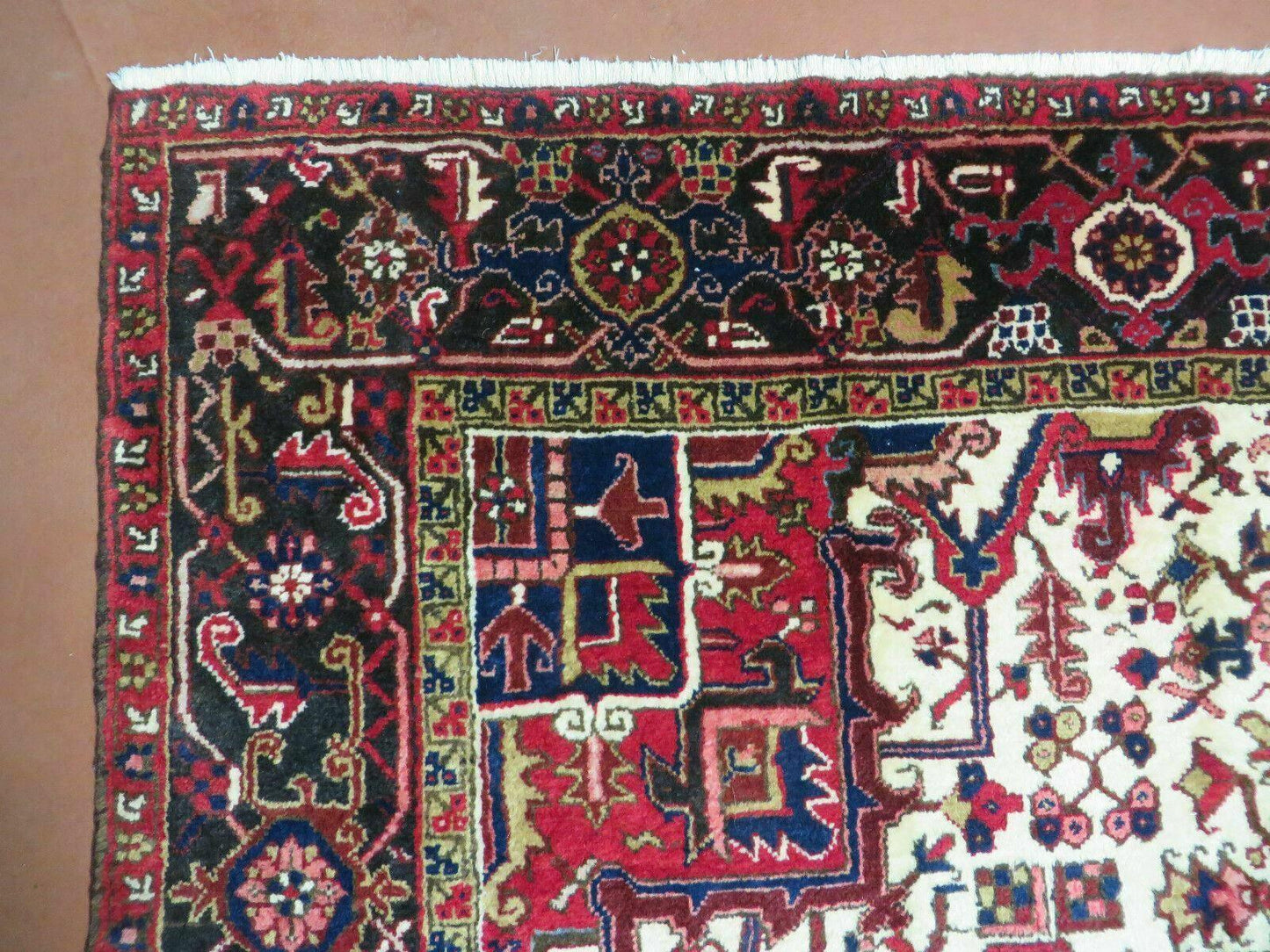 Persian Heriz Rug Hand Knotted Wool Red Ivory Dark Blue 8 Foot 6 Inch By 11 Foot Geometric Medallion Semi Antique