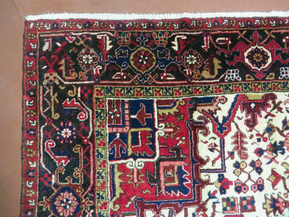 Persian Heriz Rug Hand Knotted Wool Red Ivory Dark Blue 8 Foot 6 Inch By 11 Foot Geometric Medallion Semi Antique