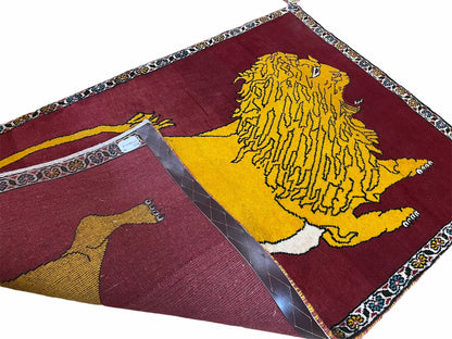 Persian Gabbeh Rug Lion Pictorial Hand Knotted Wool Red Two Foot Nine Inch By Four Foot Four Inch
