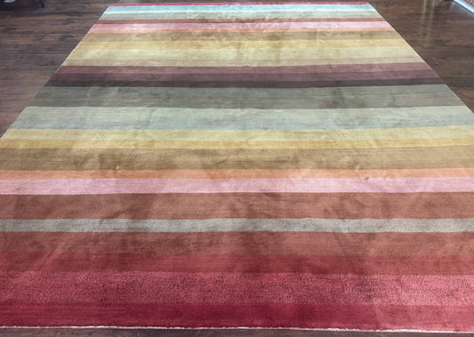 Modern Persian Gabbeh Rug 8x10, Multicolor Stripes, Soft Thick Wool Pile