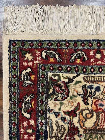 Small Indo Persian Rug 2x3 ft, Wool with Silk Highlights, Animal Pictorial Motifs Birds Vase Flowers, Cream and Maroon, Hand Knotted Fine