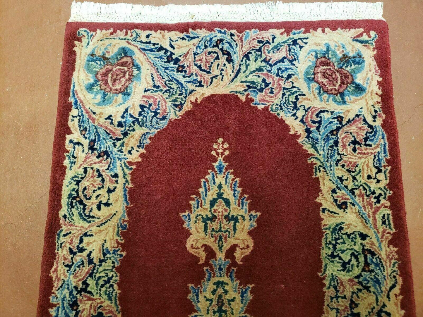Persian Kirman Rug Hand Knotted Wool 2x4 Vintage Floral Medallion Red Beige