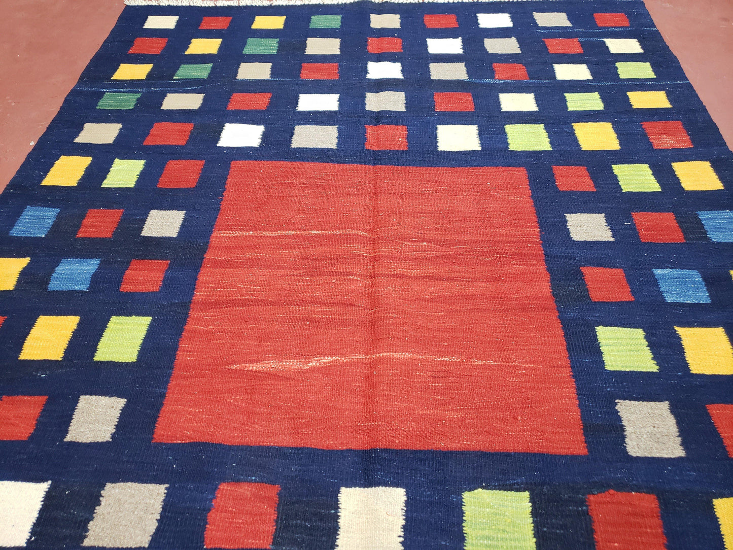 Turkish Kilim Rug Checkerboard Area Rug 5x7 6x8 Multicolor Playroom