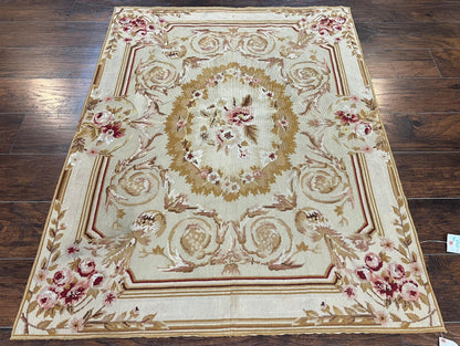Aubusson Needlepoint Rug 4x5 Ft Beige Tan Vintage Wool Floral Rose European Design