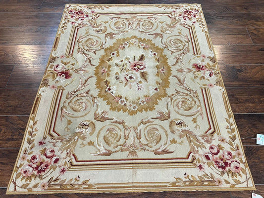 Aubusson Needlepoint Rug 4x5 Ft Beige Tan Vintage Wool Floral Rose European Design