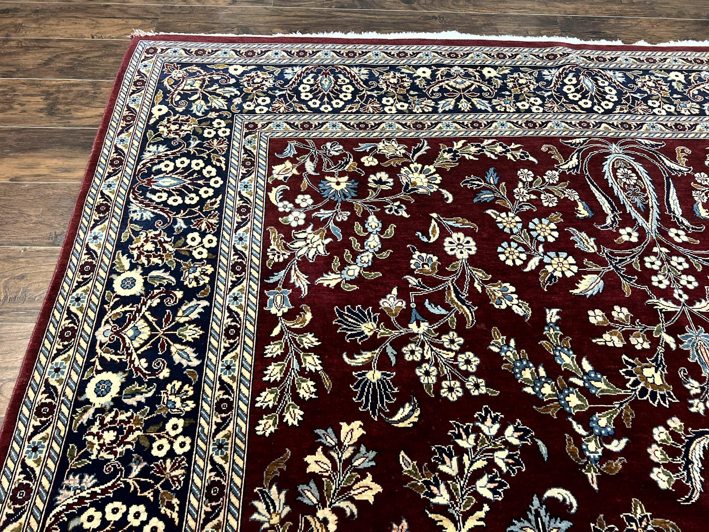 Indo Persian Sarouk Rug 9x12, Floral Allover, Dark Red & Navy Blue, Handmade Vintage Wool Carpet