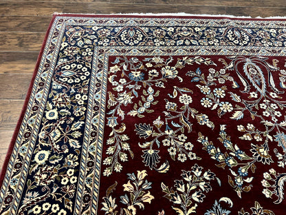 Indo Persian Sarouk Rug 9x12, Floral Allover, Dark Red & Navy Blue, Handmade Vintage Wool Carpet
