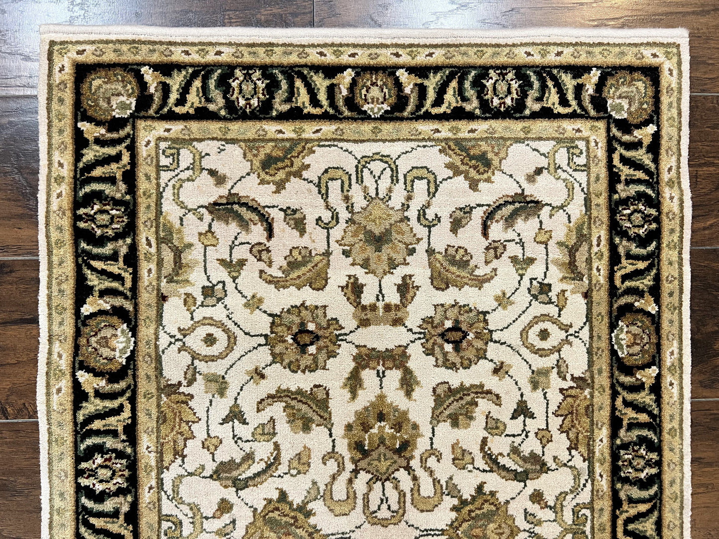 Small Indo Mahal Rug Hand Knotted Wool Vintage Oriental Carpet Beige Tan Black