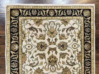 Small Indo Mahal Rug Hand Knotted Wool Vintage Oriental Carpet Beige Tan Black