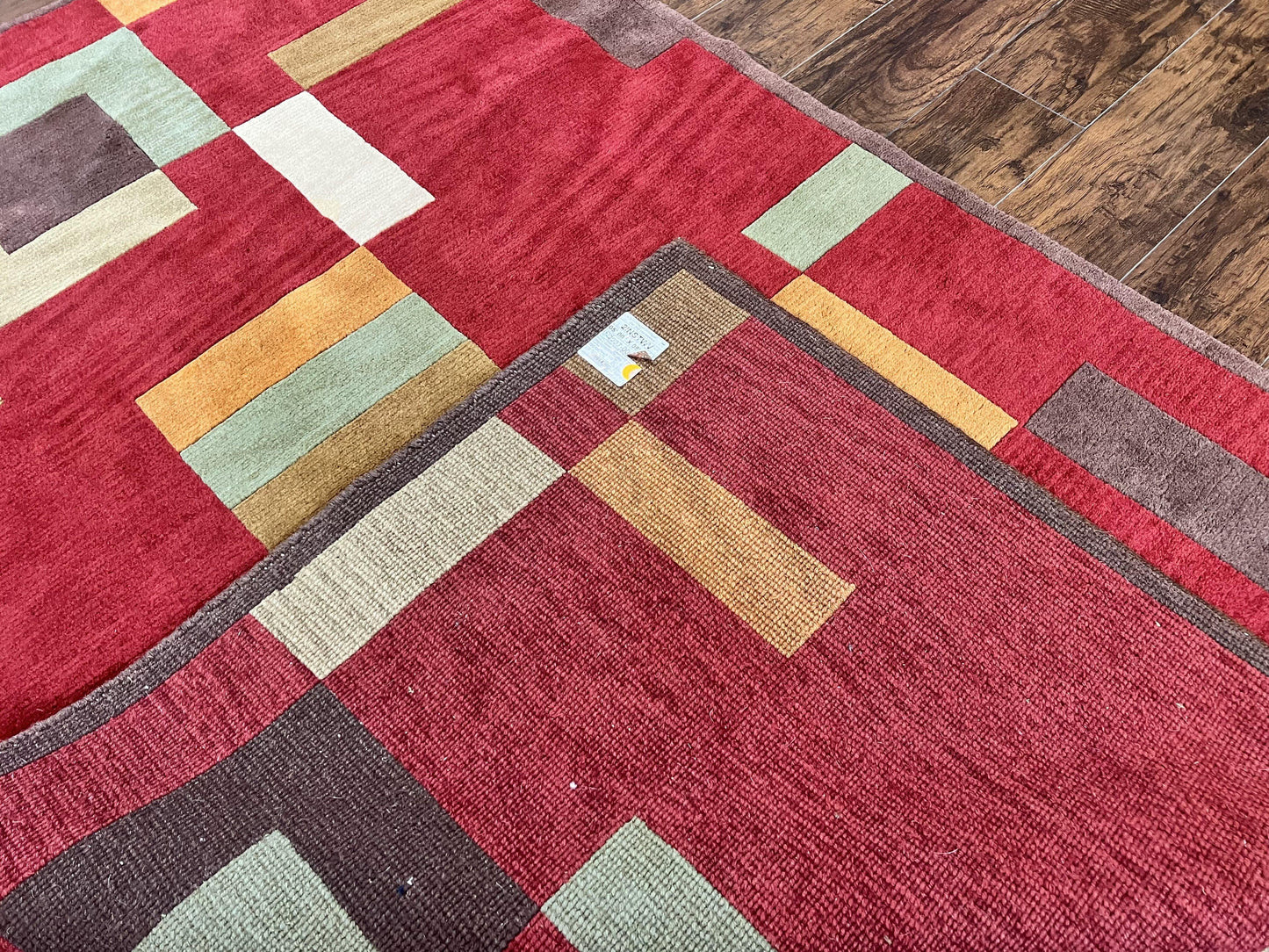 Indo Tibetan Modern Rug 5x8, Abstract Rug 5 x 8 ft, Red Multicolor Wool Handmade Contemporary Area Rug