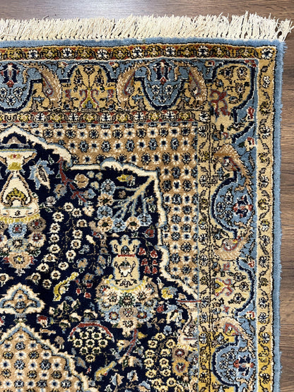 Fine Persian Qum Rug 3x5, Semi Antique Vintage Oriental Ghom Carpet, Floral Medallion, Highly Detailed, Hand Knotted, Navy Blue, Wool Area Rug, Birds