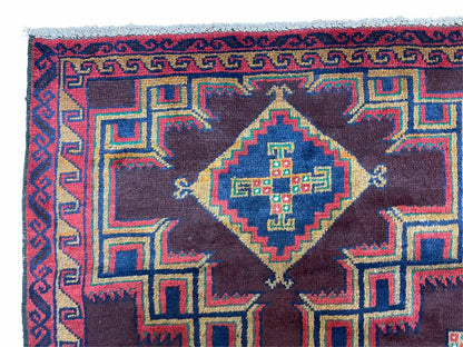 Balouchi Wool Rug Vintage Handmade Afghan Tribal Geometric 2ft11in By 4ft6in