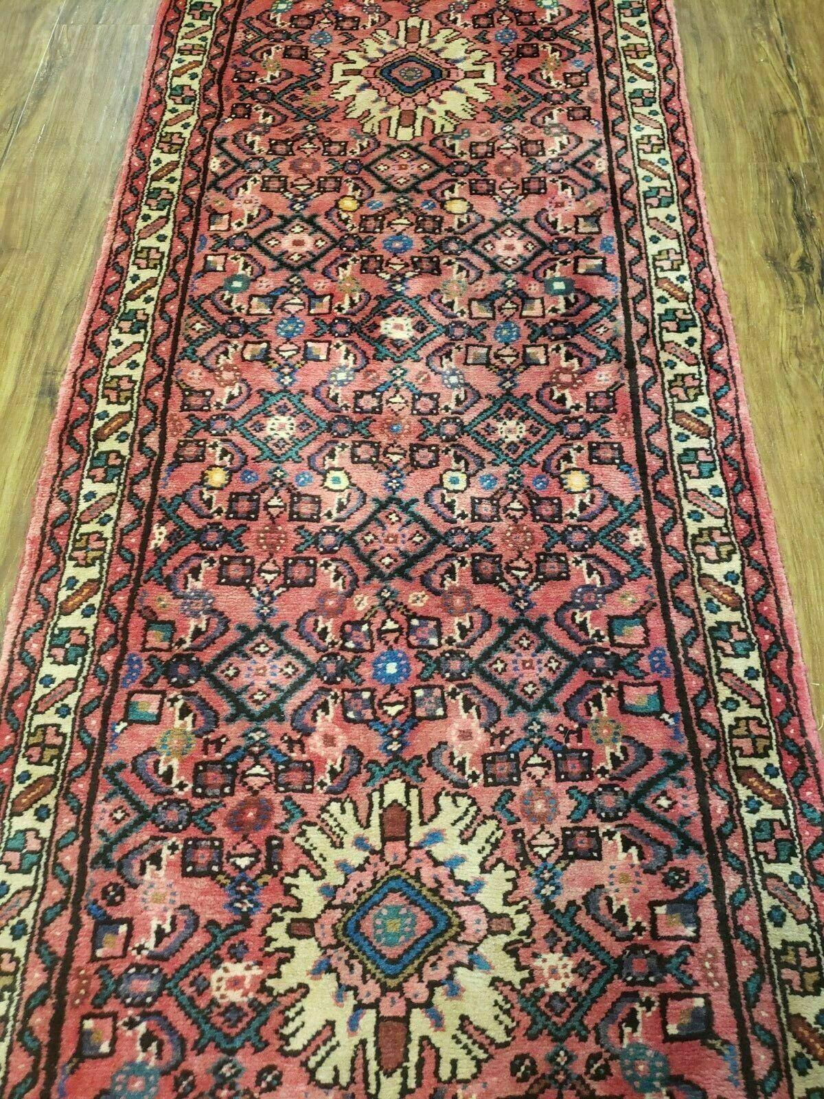 Persian Hamadan Runner Rug 2ft 8in X 13ft 9in Vintage Handmade Wool Red