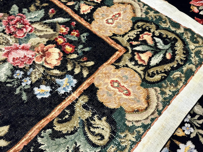 Palace Size Needlepoint Rug 12x16 Handmade Wool Floral Panel Black and Colorful