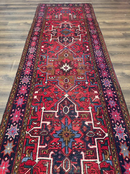 Persian Heriz Karajeh Runner Rug 3.7 x 12, Geometric Medallions, Red and Navy Blue