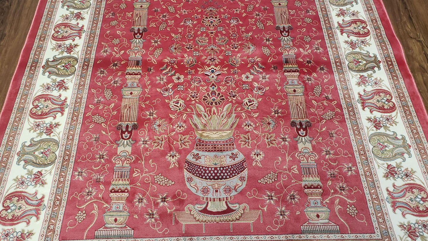 Bamboo Silk Rug 4x6 Red Traditional Oriental Carpet With Flower Vase Columns