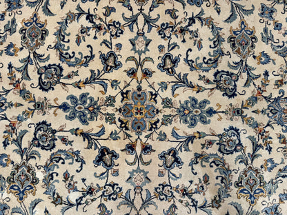 Persian Kashan Rug 10x14, Bone - Beige and Blue, Allover Pattern, Traditional Persian Carpet, Fine 260 KPSI