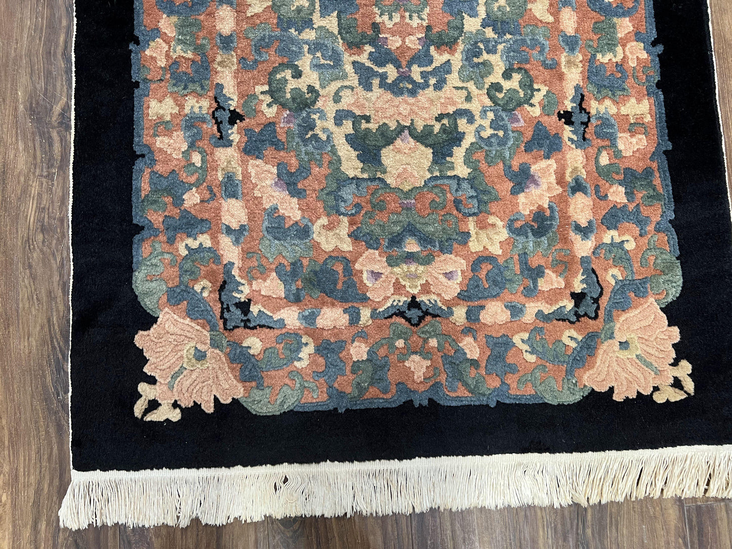 Art Deco Rug Chinese Handmade Wool 3x5 Vintage Floral Black Beige Carpet