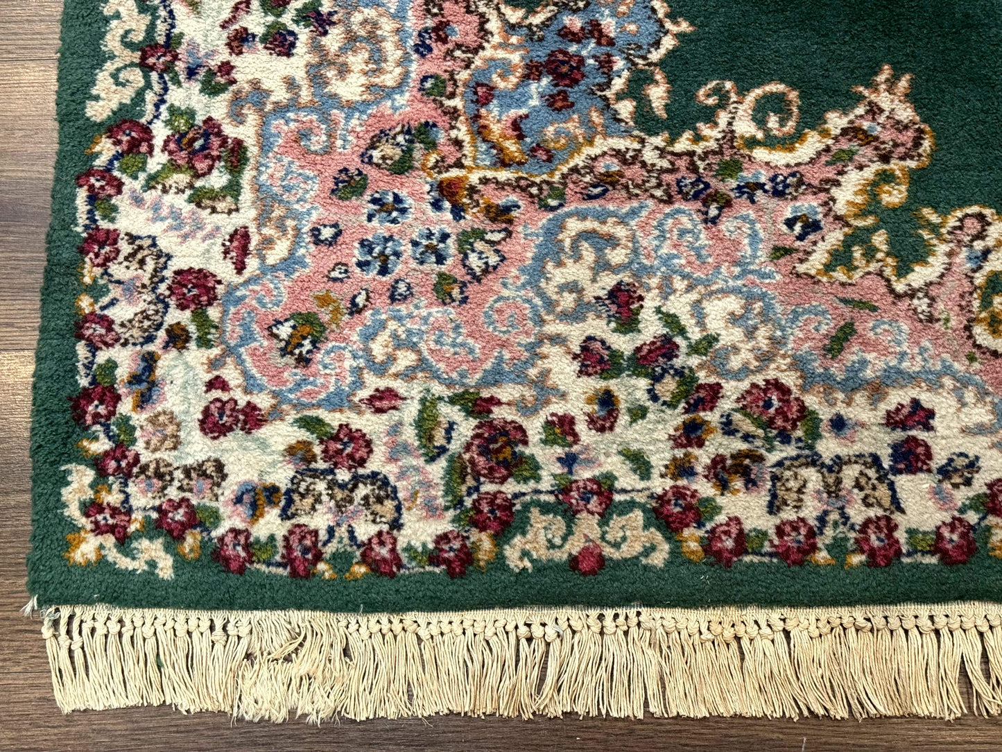 Persian Kerman Rug 4x6 Vintage Wool Green Ivory Pink Medallion Semi Open Field