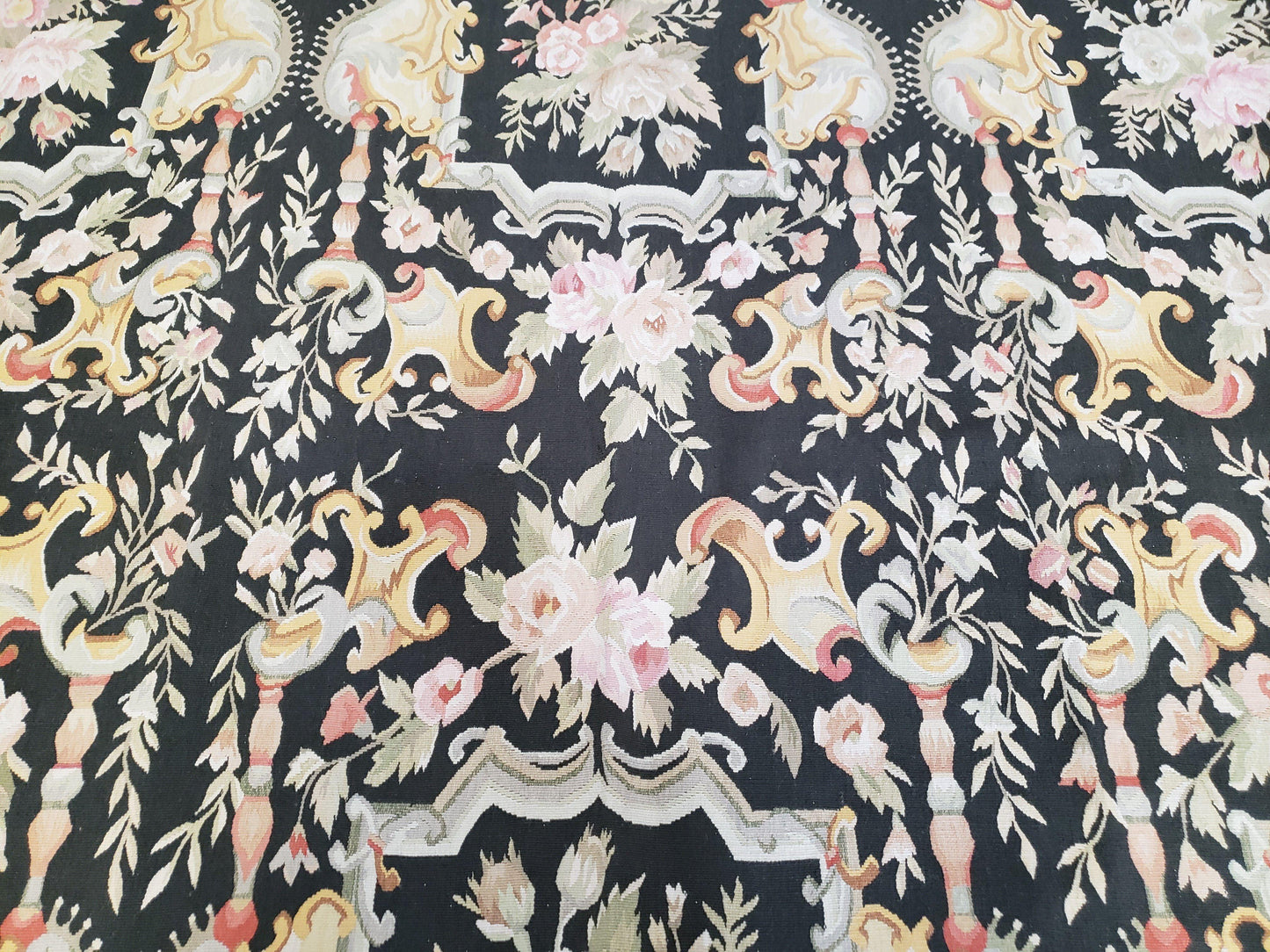 Vintage Black Aubusson Area Rug 8x10, Large Flowers Chinese Aubusson Carpet 7.9 x 10, Wool Hand-Knotted Floral Pattern Flat Weave Rug Nice
