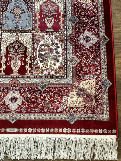 Turkish Silk Runner Rug 2.6 x 11.6, Panel Design, Dark Red Ivory, Bamboo Silk, New