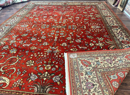 Romanian Rug 10x13, Vintage Handmade Wool Carpet, Floral Pattern, Birds, Red and Cream, Signed By Masterweaver, Persian Rug
