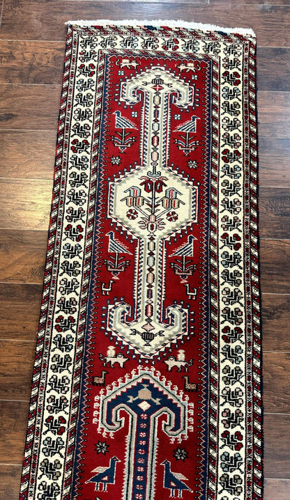 Indo Persian Runner Rug 2.6 x 12, Heriz Geometric Caucasian Design, Animal Pictorials, Tribal Runner Rug, Vintage Handmade Wool Red