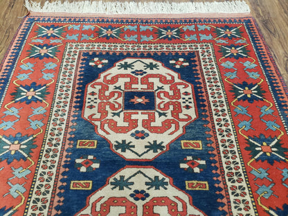 Turkish Kazak Rug 5x6 Vintage Handmade Wool Carpet With Geometric Blue Red Design