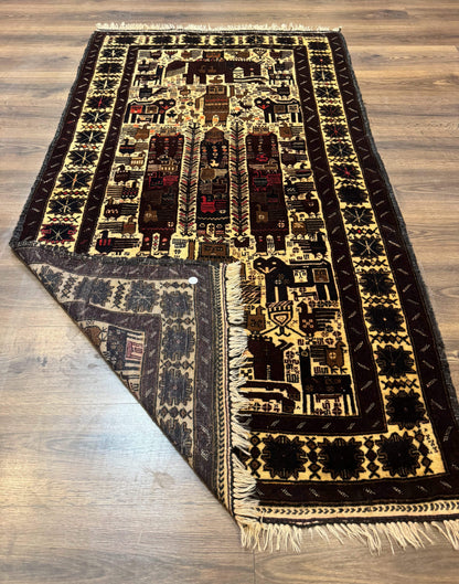 Persian Baluch Tribal Rug 4x6 Vintage Wool With Human And Bird Pictorials