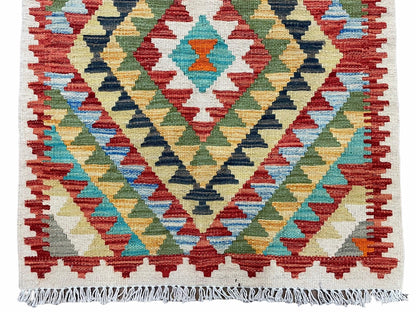 Turkish Kilim Rug 2x3 Colorful Handwoven Wool Accent Rug Chobi Diamond Zigzag
