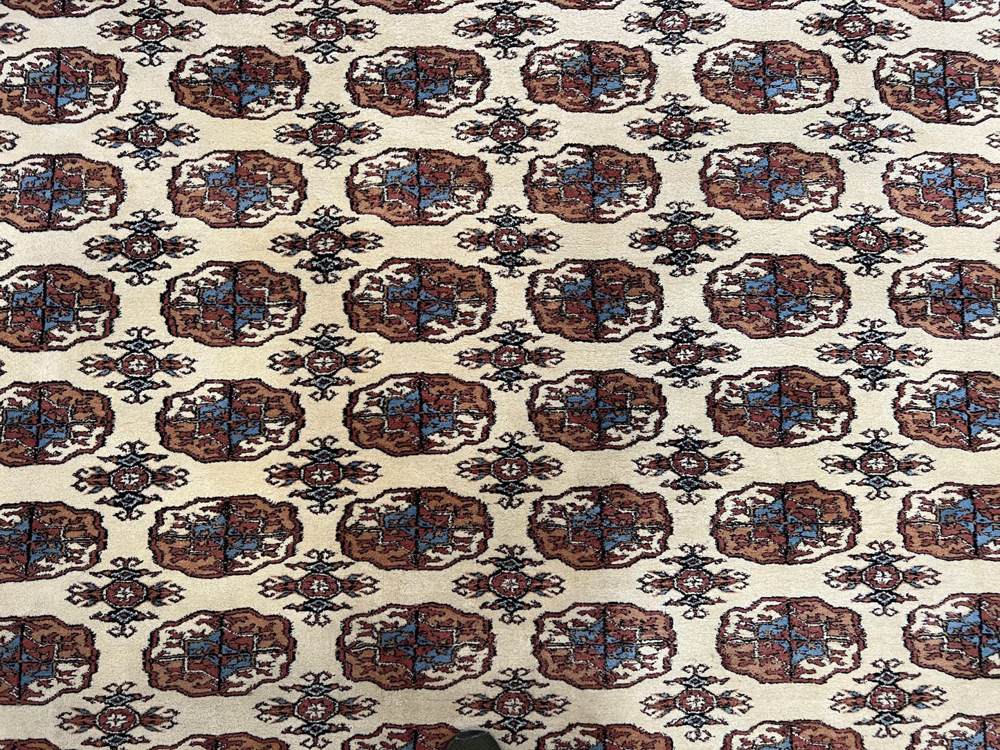 Pakistani Bokhara Rug 8x10, Traditional Turkoman Tribal Carpet, Allover Repeated Elephant Foot Motif, Ivory/Cream Black Red, Vintage Handmade