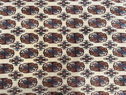 Pakistani Bokhara Rug 8x10, Traditional Turkoman Tribal Carpet, Allover Repeated Elephant Foot Motif, Ivory/Cream Black Red, Vintage Handmade