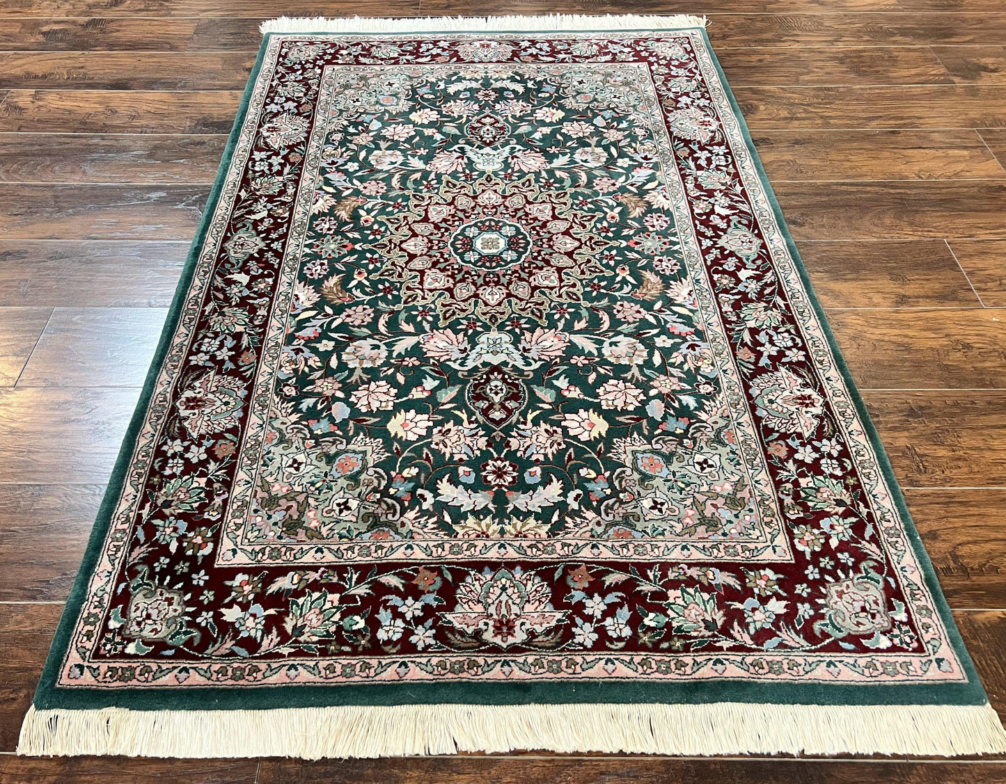 Pak Persian Rug 4x6, Wool Hand Knotted Vintage Carpet, Dark Green, Floral Medallion, Fine Oriental Rug