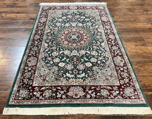 Pak Persian Rug 4x6, Wool Hand Knotted Vintage Carpet, Dark Green, Floral Medallion, Fine Oriental Rug