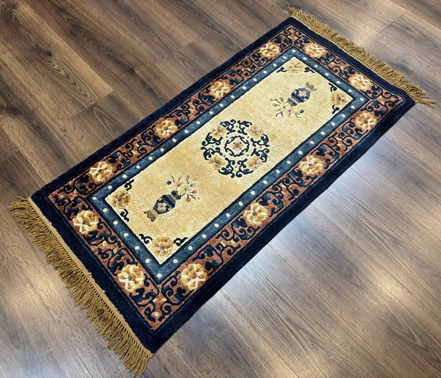 Silk Chinese Rug 2x4 Hand Knotted Peking Carpet In Golden Beige And Blue