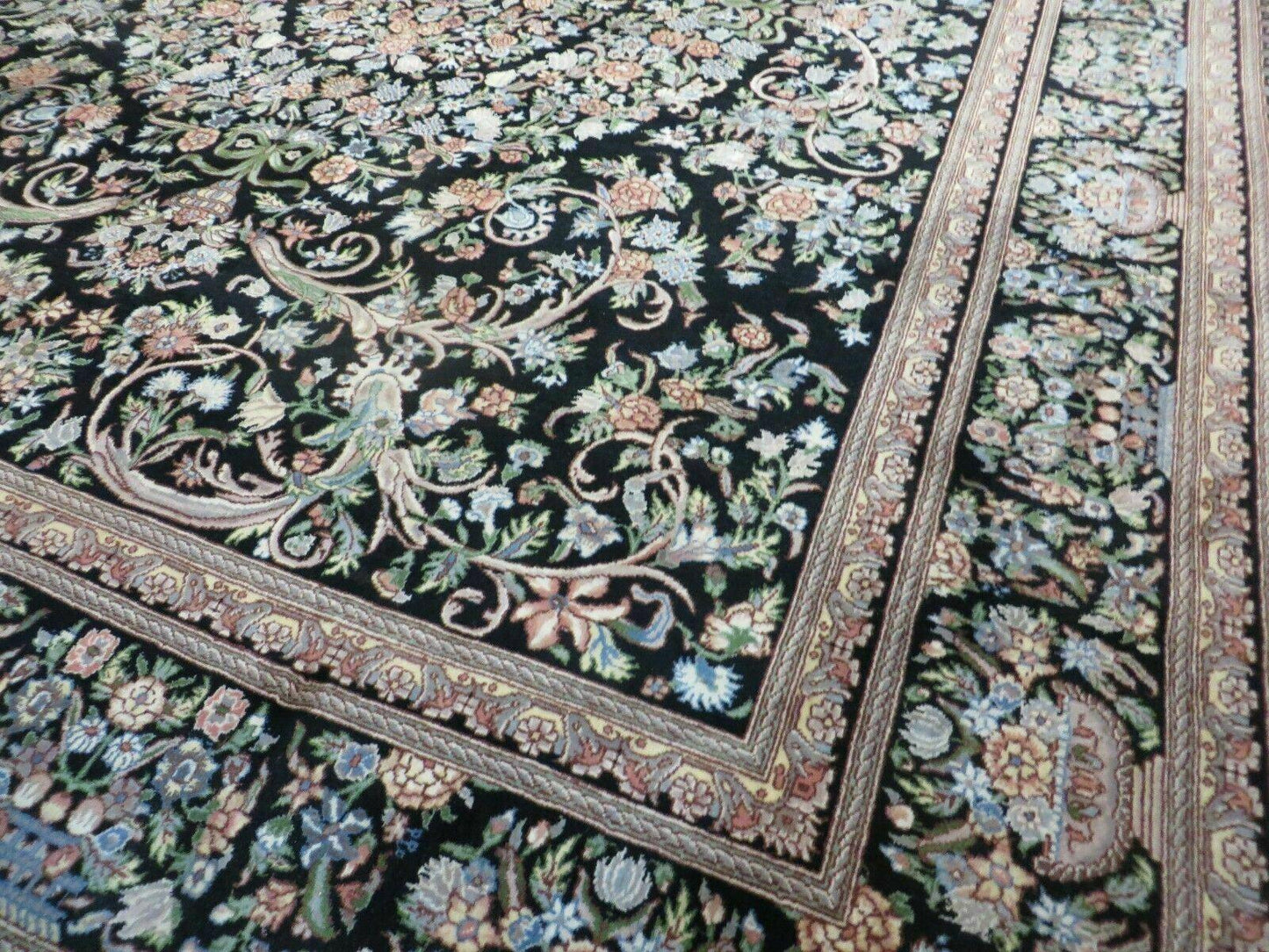 Vintage Handmade Pakistani Floral Wool Rug 8x10 Black Full Pile