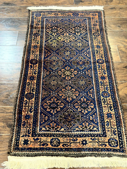 Small Antique Persian Rug 2.7 x 4.7, Handmade Wool Rug, Navy Blue, Balouch Rug, Tribal Rug