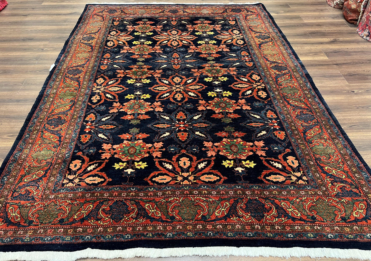 Hand Knotted Persian Bidjar Rug 7x10 Wool Navy Blue Red Floral Pattern