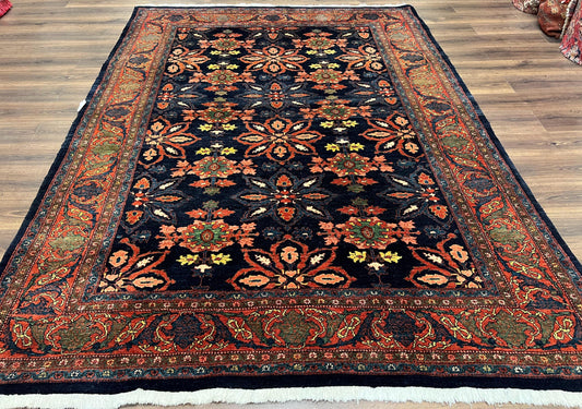 Hand Knotted Persian Bidjar Rug 7x10 Wool Navy Blue Red Floral Pattern