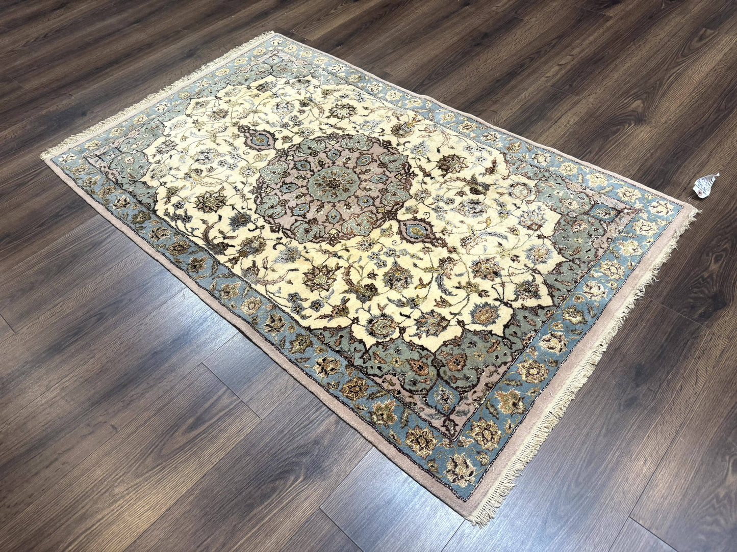 Persian Isfahan Rug 3x5, Fine 310 KPSI, Kork Wool Silk Foundation, Cream & Light Green