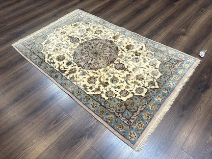 Persian Isfahan Rug 3x5, Fine 310 KPSI, Kork Wool Silk Foundation, Cream & Light Green