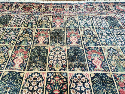 Persian Rug 10x15 Hand Knotted Wool Carpet Vintage Kirman Yazd Floral Dark Blue Beige