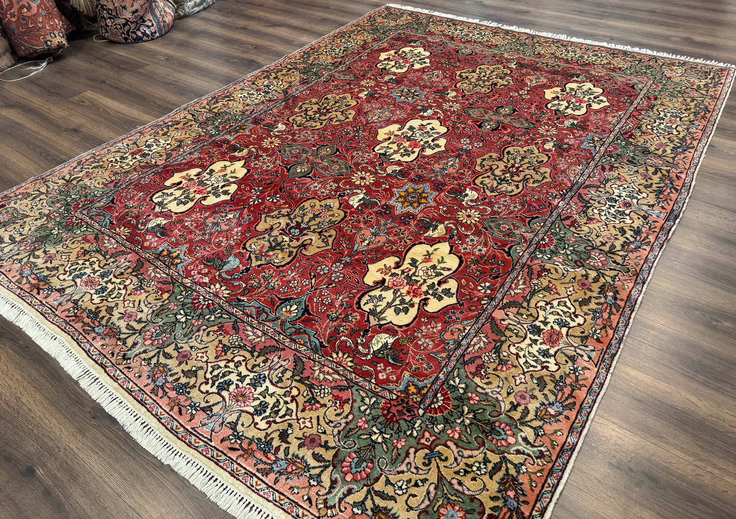 Antique Tabriz Persian Rug 7x10, Red Cream Tan, Unique Design, Fine 270 KPSI, Birds, Floral