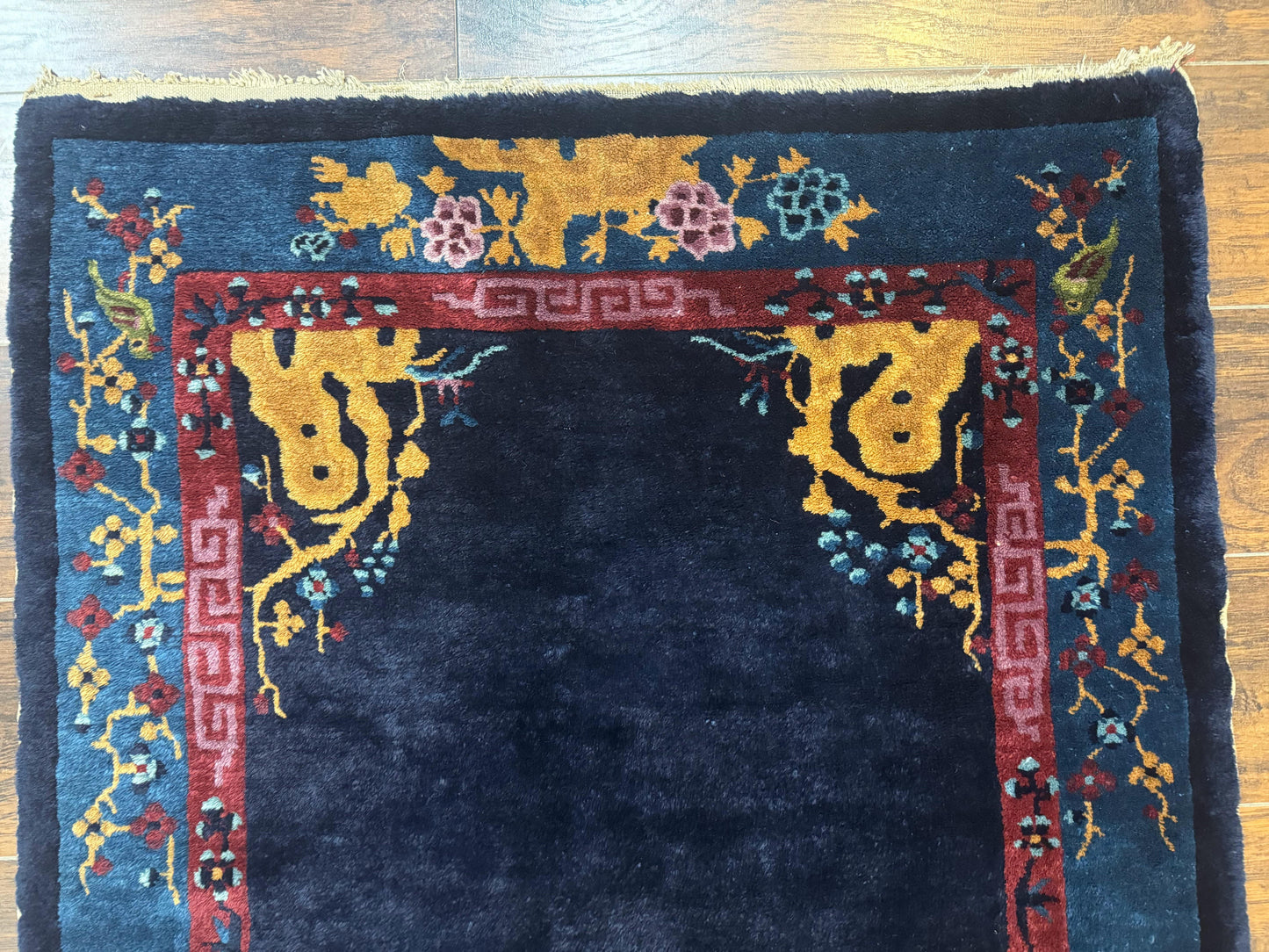 Antique Chinese Peking Rug 3x6 Handmade Wool Bird Motif Dark Blue Oriental Carpet