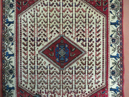 Vintage Handmade Wool Rug India Geometric Oriental Birds Ivory Red 3x5