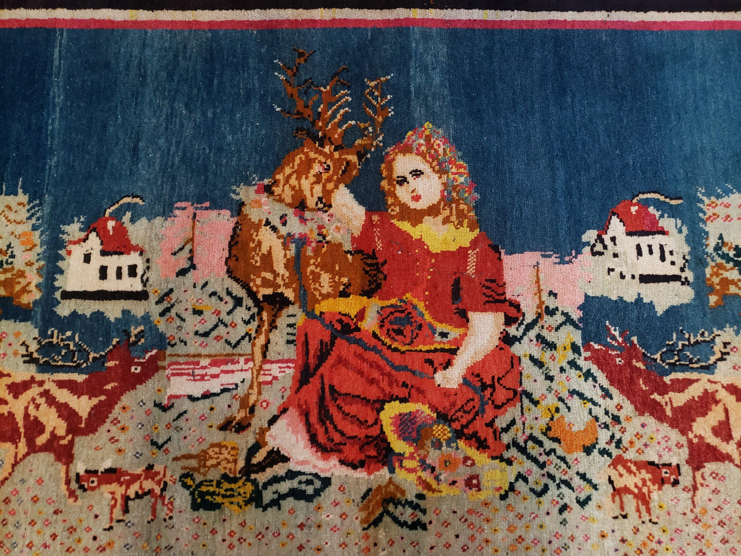 Antique Persian Pictorial Rug 4'6" x 9', Wool Hand-Knotted Blue Roses Karabagh Caucasian Carpet, 1920s Girl Deer Tapestry Wall Hanging Rug