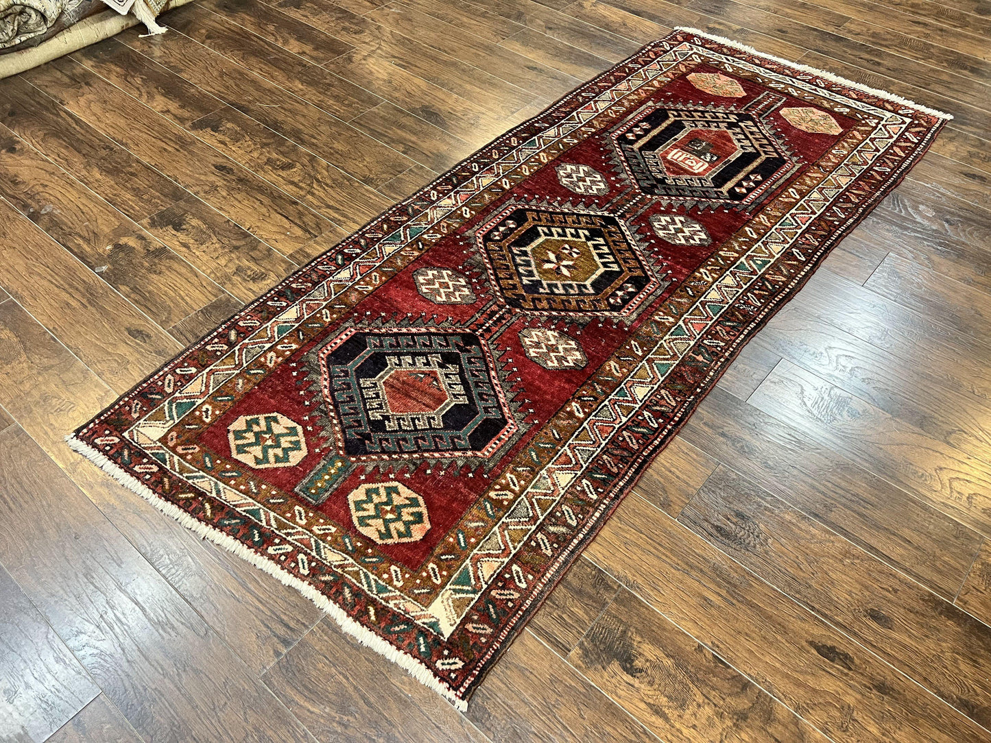 Persian Heriz Runner Rug 3.8 x 8.6, Geometric Design, Large Triple Medallions, Hand Knotted Handmade Vintage Wool Hallway Rug, Red